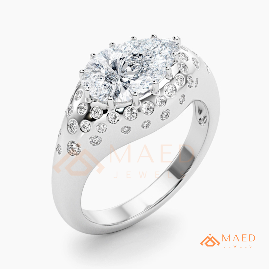 East-West Pear Cut Engagement Ring | Flush Setting Pave Dome Band in 14K Gold, Rose Gold & Silver