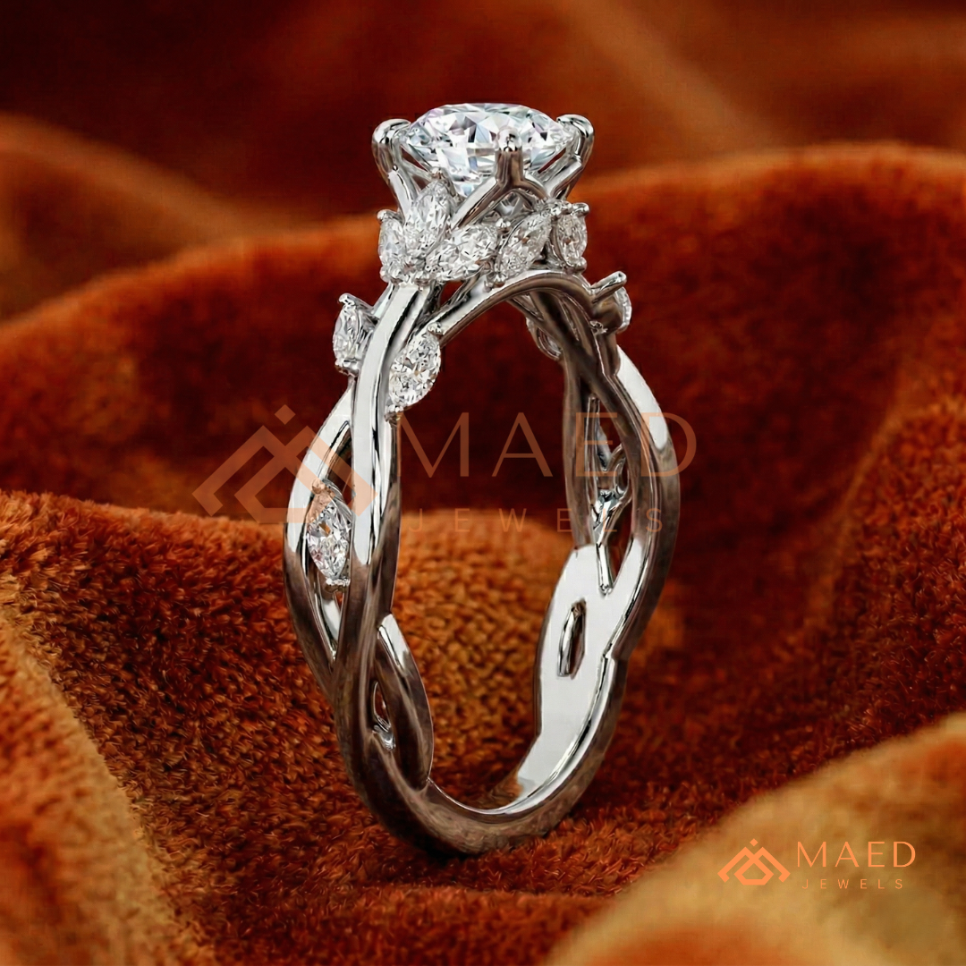 Nature Inspired Twisted Vine Engagement Ring in 14K Gold, Rose Gold & Silver
