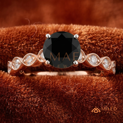 Art Deco Black Stone Ring with Milgrain Marquise Band – Silver, 14K Yellow & Rose Gold