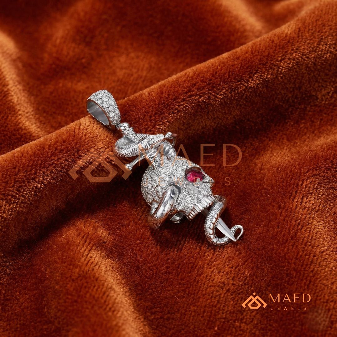 Fully Flooded Skull & Serpent Statement Charm – Ruby Red Eye Hip Hop Pendant