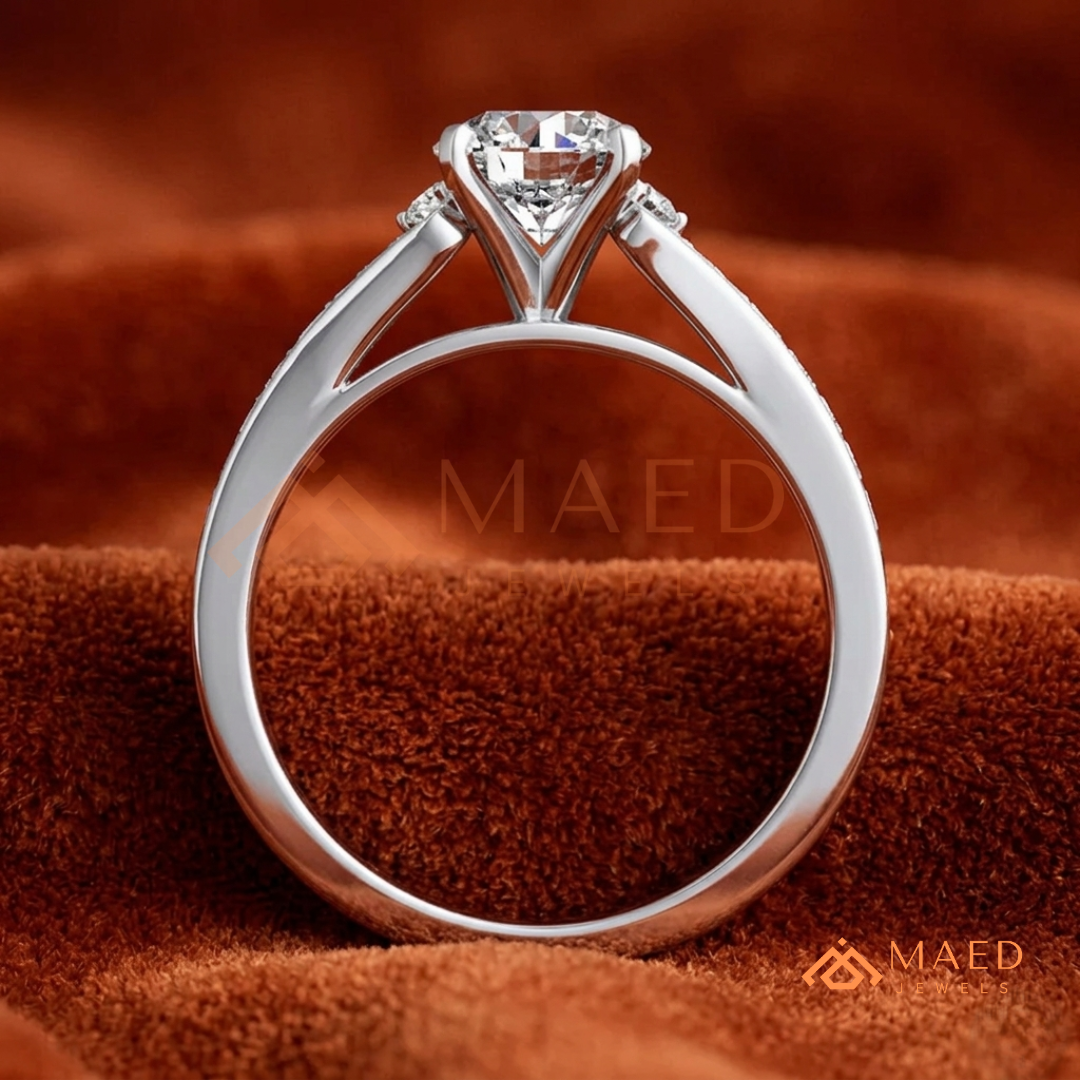 Round Cut Engagement Ring with Pavé Accents in 14K Gold, Rose Gold or Silver