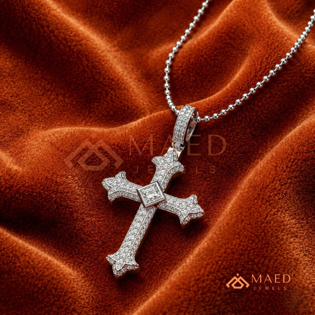 The Monarch Princess-Cut Cross | Royal Fleur-De-Lis Pave Crucifix Pendant