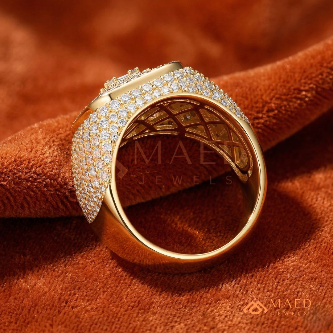Heavy Multi-Row Baguette & Round Cluster Statement Ring – 14K Gold Wide Pinky Band