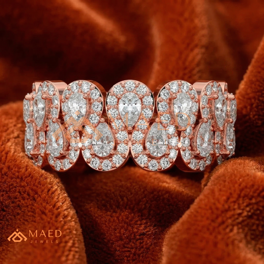 Pear-Cut Diamond Halo Eternity Band in 14K White Gold | Wide Statement Ring
