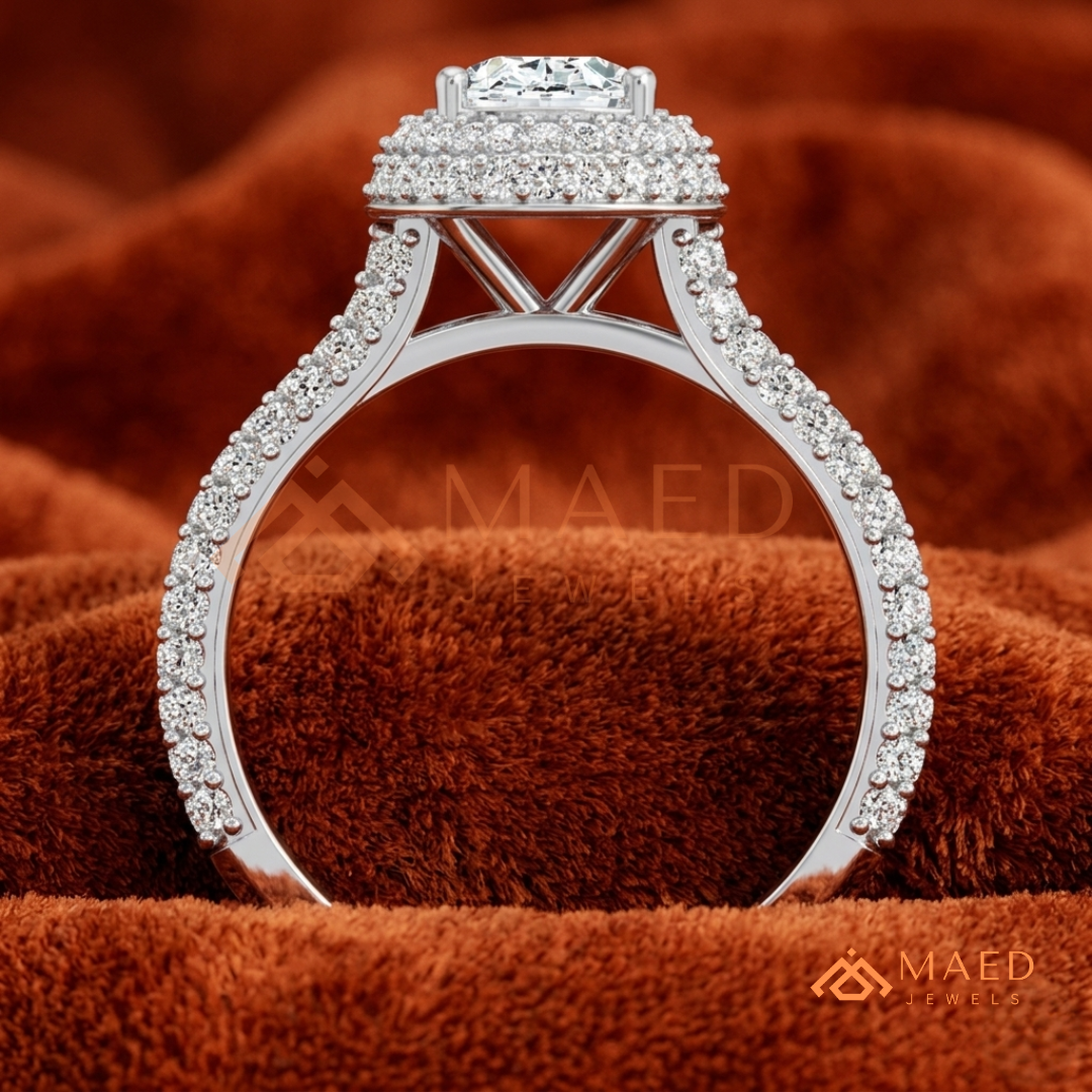 Radiant Oval Double Halo Engagement Ring with Multi-Row Pavé Band