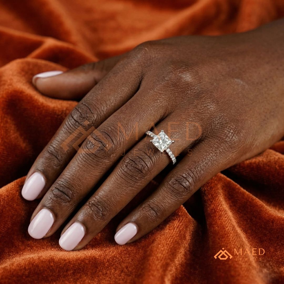 Classic Princess Cut Solitaire Engagement Ring with Hidden Halo and Pave Band in Silver, 14K Gold & Rose Gold