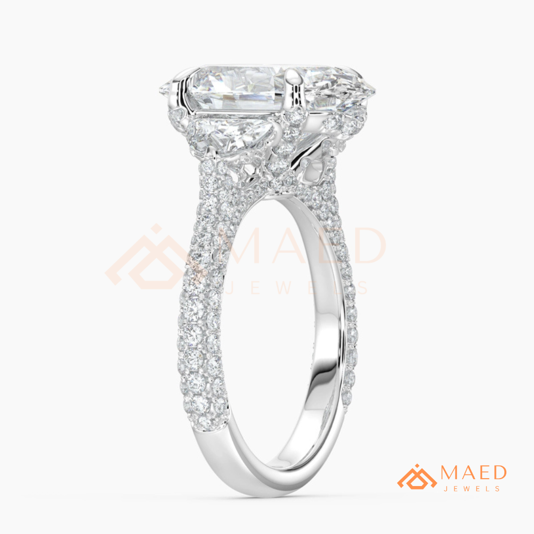 Oval Cut Engagement Ring with Half Moon Side Stones and Pavé Band in Silver, 14K Gold, & 14K Rose Gold