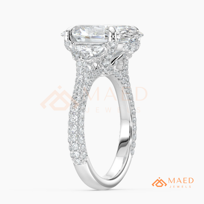 Oval Cut Engagement Ring with Half Moon Side Stones and Pavé Band in Silver, 14K Gold, & 14K Rose Gold