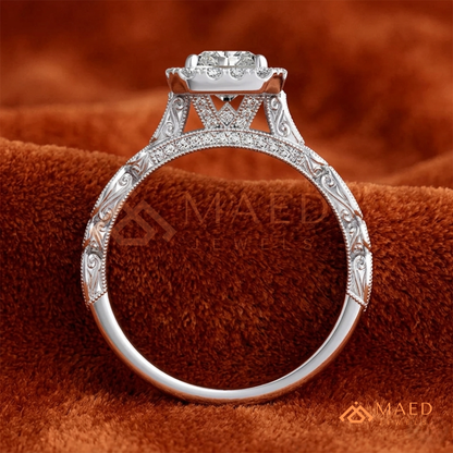 Radiant Halo Vintage-Style Engagement Ring – Ornate Vine Band