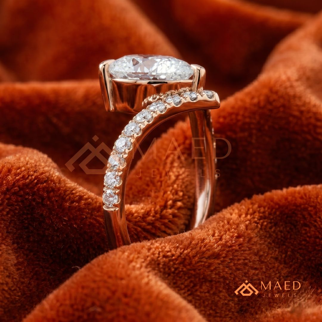 Pear Cut Chevron Engagement Ring with V-Shaped Pavé Band in Silver, 14K Gold, & 14K Rose Gold