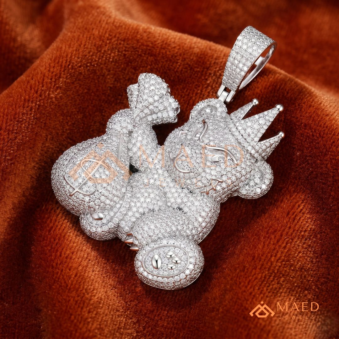 Fully Flooded 3D Money Bear Charm – Rich Teddy Stacks Pendant