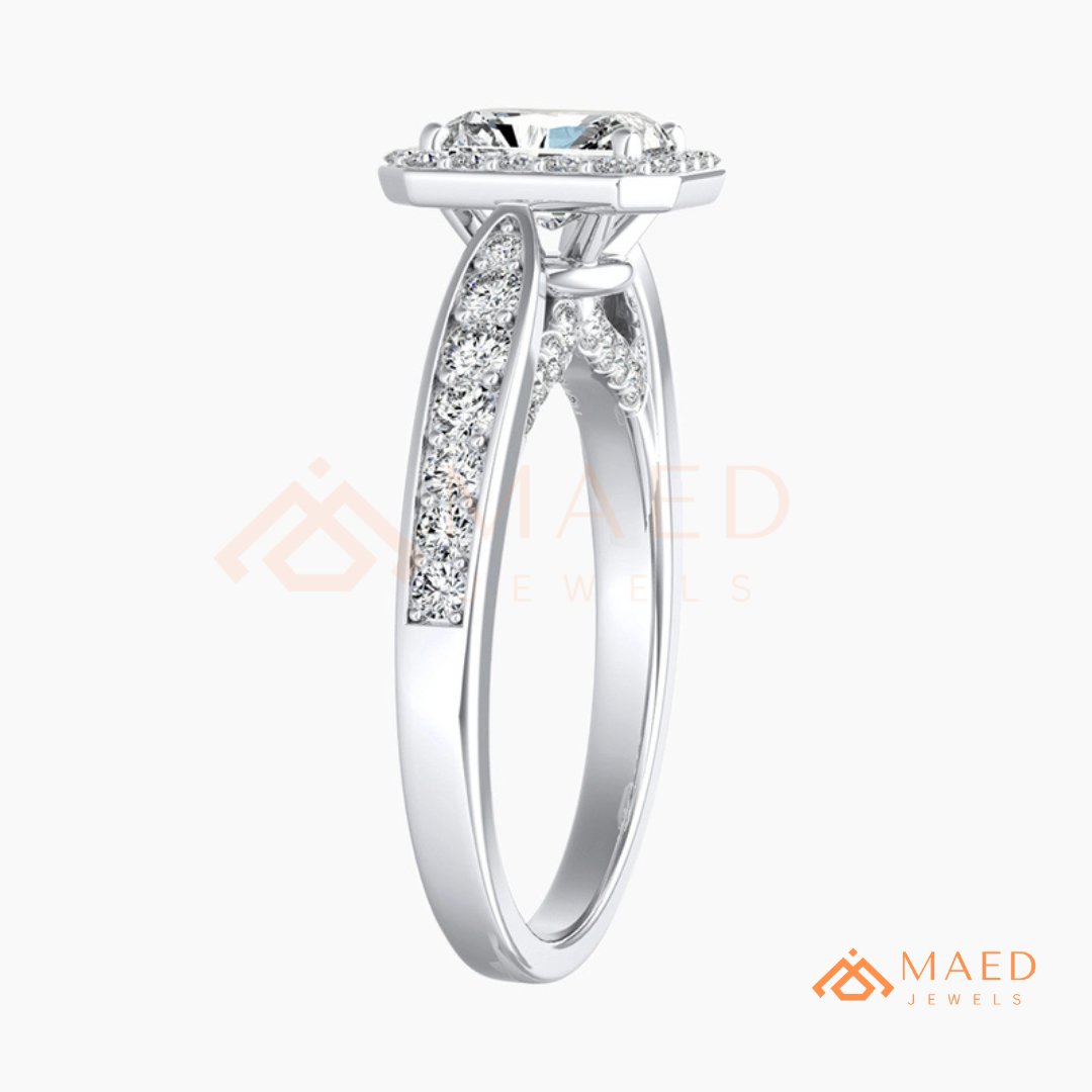 Radiant Cut Rectangular Halo Engagement Ring with Twisted Pavé Band