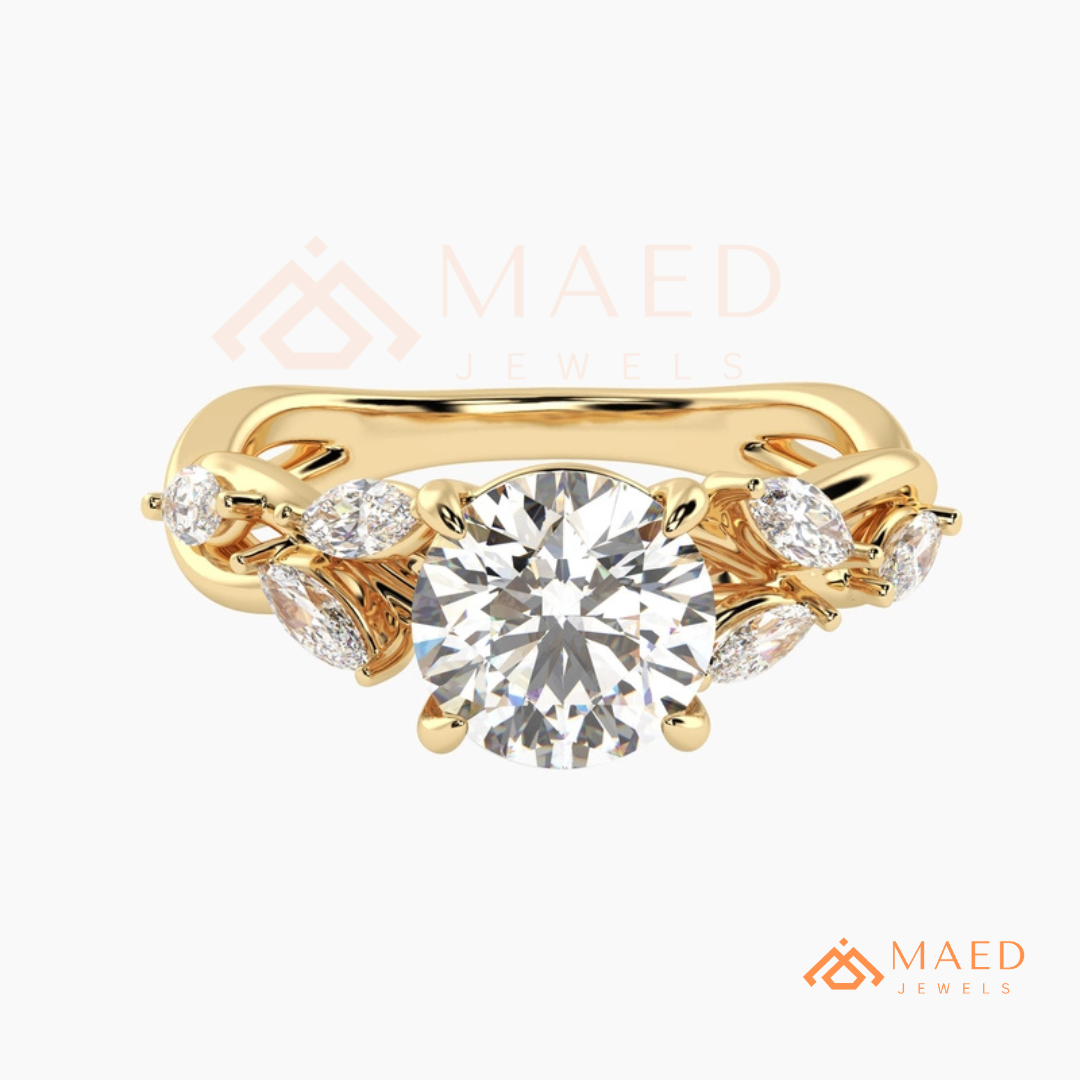 Nature Inspired Round Cut Moissanite Engagement Ring, Marquise Diamond Vine Leaf Wedding Ring in Silver, 14K Gold & Rose Gold