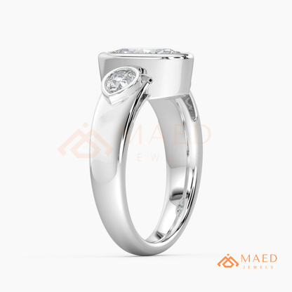 Bezel Set Oval Engagement Ring with Pear Side Stones in Silver, 14K Gold, & 14K Rose Gold