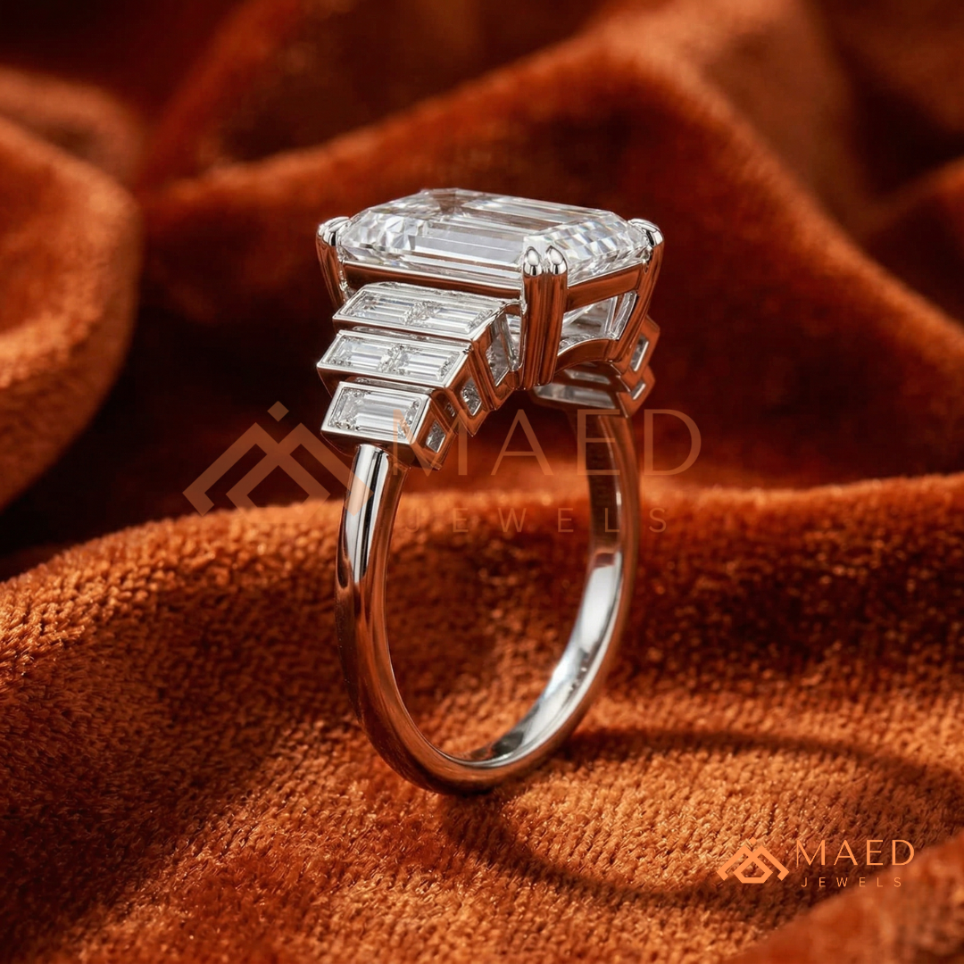 Radiant Cut Rectangular Halo Ring with Dome Triple-Row Pavé Band