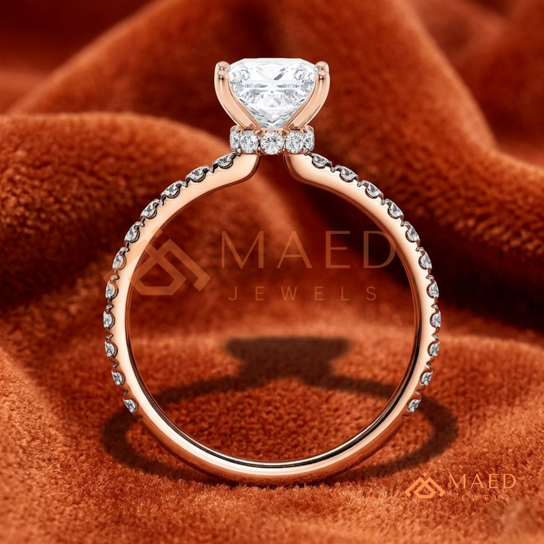 Princess Cut Engagement Ring with Pavé Band in Silver, 14K Gold, & 14K Rose Gold