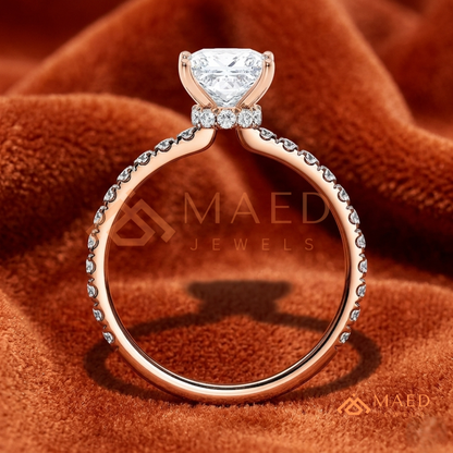 Princess Cut Engagement Ring with Pavé Band in Silver, 14K Gold, & 14K Rose Gold