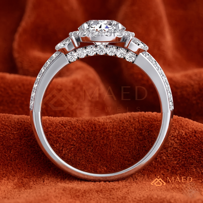 Radiant Halo Engagement Ring with Marquise Side Stones & Pavé Band