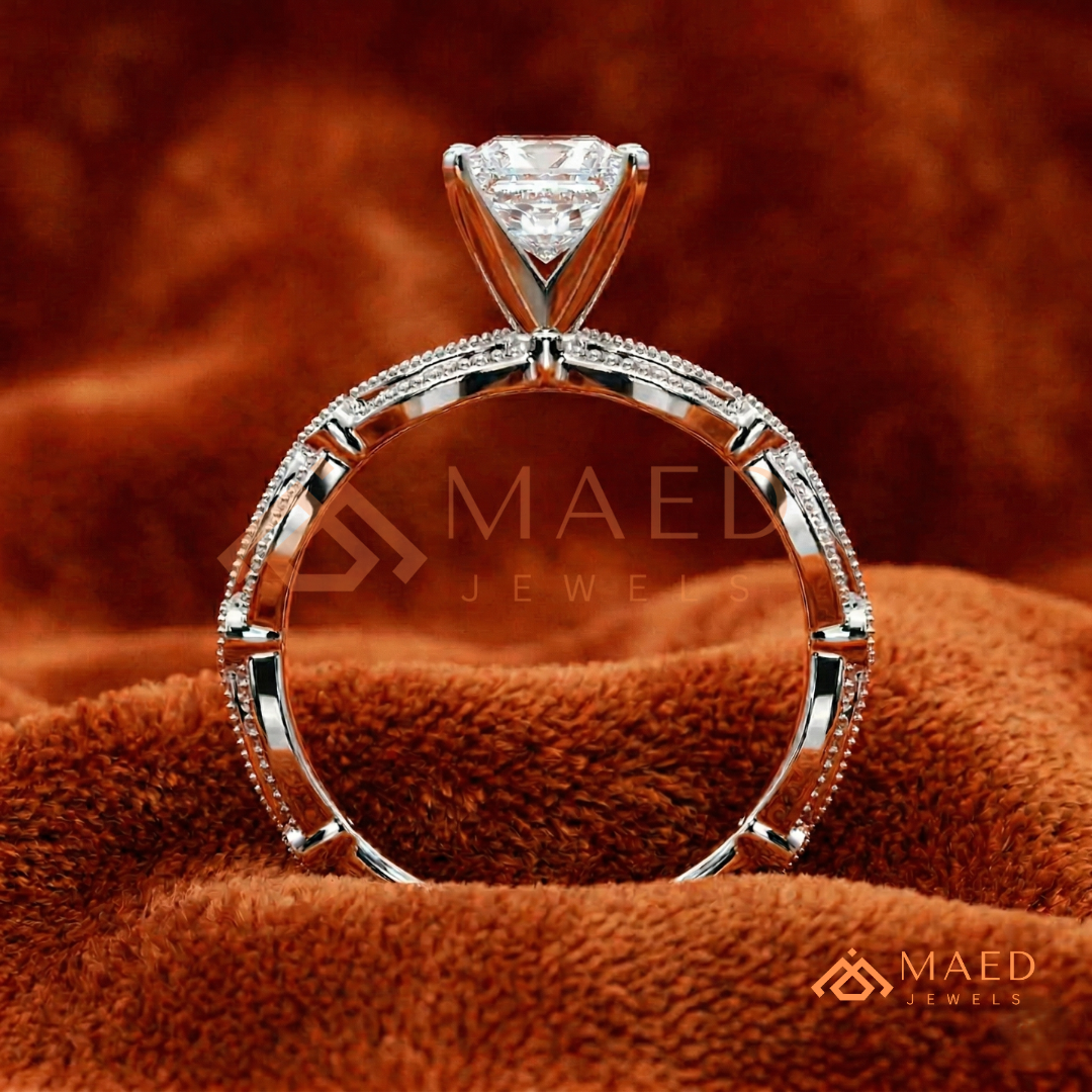 Princess Cut Vintage Engagement Ring in 14K Gold, Rose Gold & Silver | Antique Milgrain Pave Moissanite Ring for Women