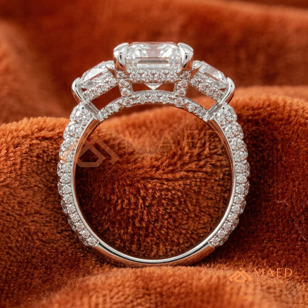 Classic Radiant Cut Three-Stone Engagement Ring with Half-Moon Side Stones in Silver, 14K Gold & Rose Gold