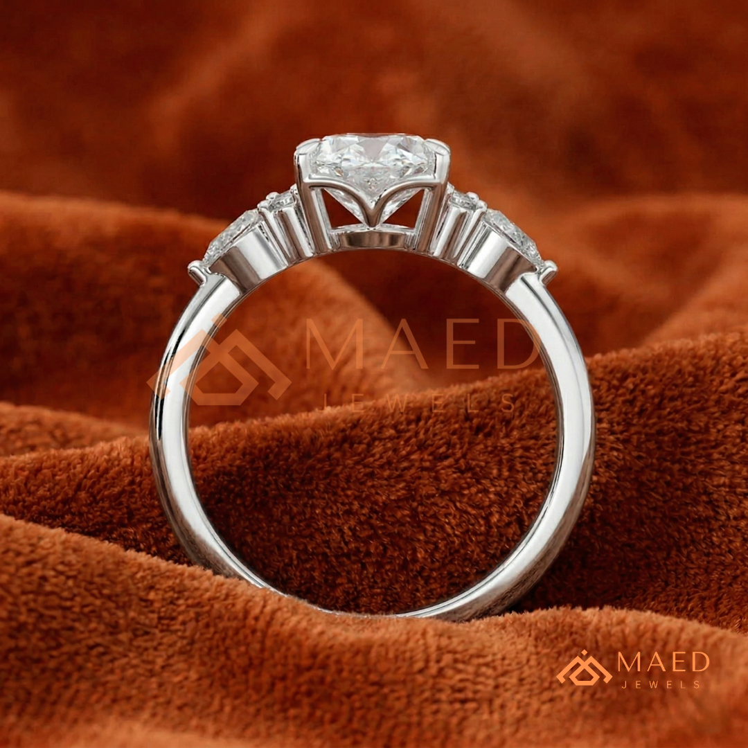 Oval Cut Cluster Engagement Ring | Pear & Round Side Stones in 14K Gold & Silver