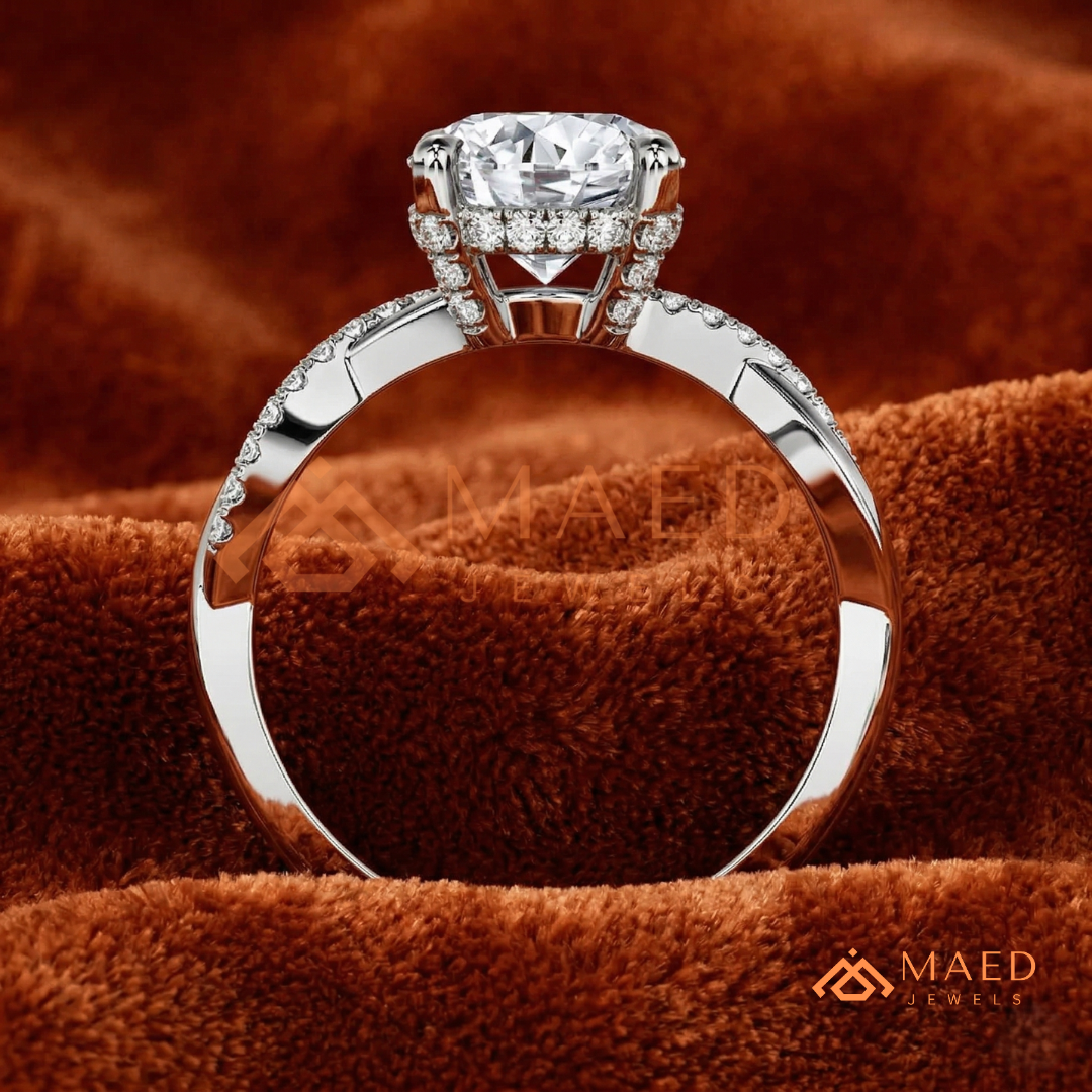 Round Cut Engagement Ring with Twisted Pavé Band in Silver, 14K Gold, & 14K Rose Gold