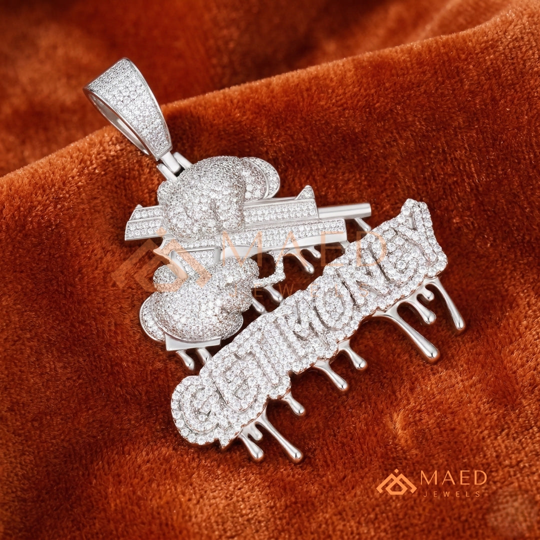 Iced Out "GET MONEY" Drip Pendant – 14K Gold, Rose Gold & Sterling Silver Hip Hop Charm