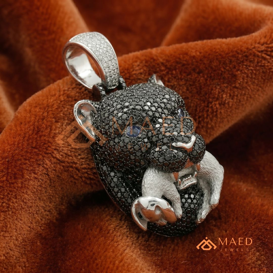 Black Diamond Panther Head Pendant in Sterling Silver, 14K Gold & Rose Gold