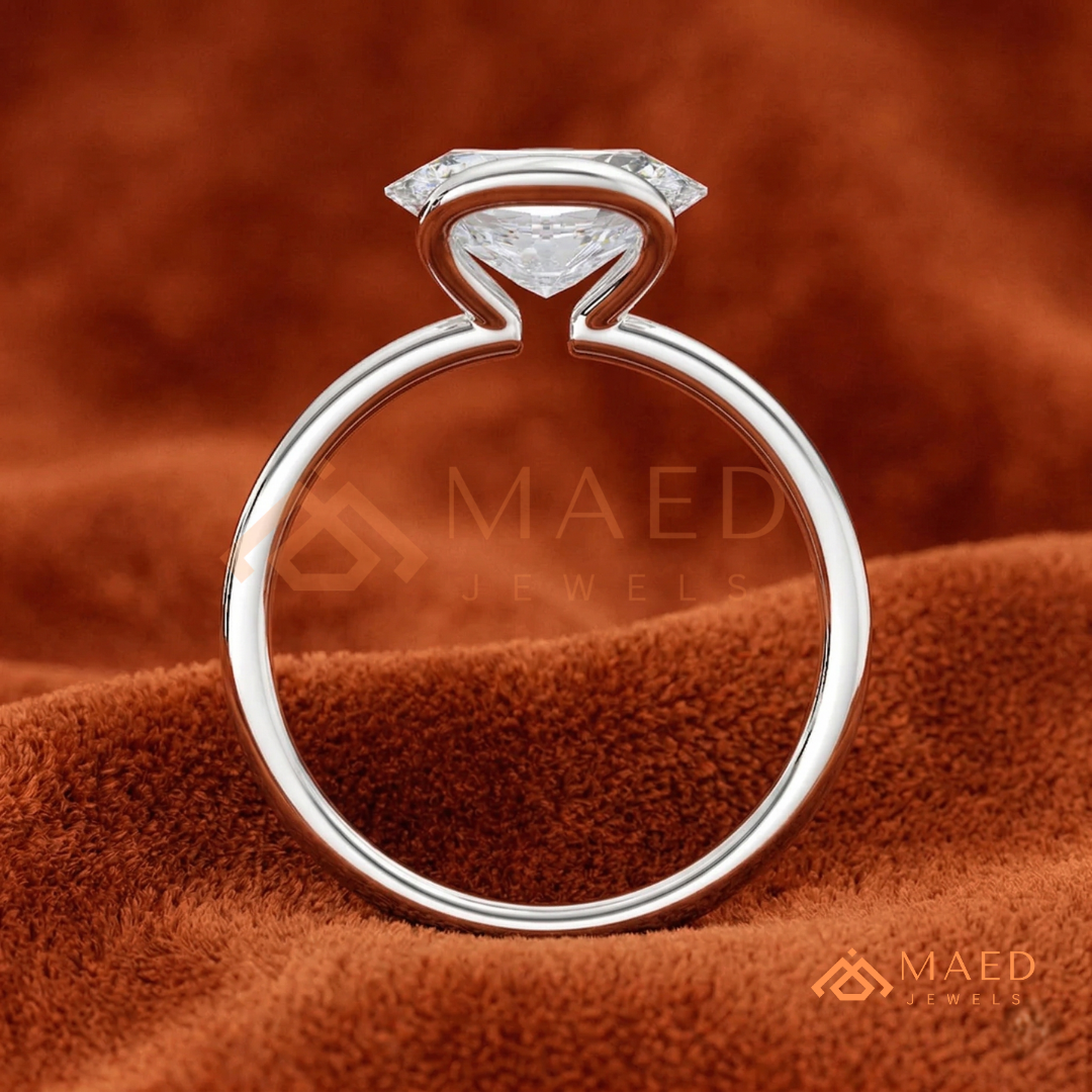 Horizontal Oval Half-Bezel Minimalist Engagement Ring in Silver, 14K Yellow Gold, or Rose Gold