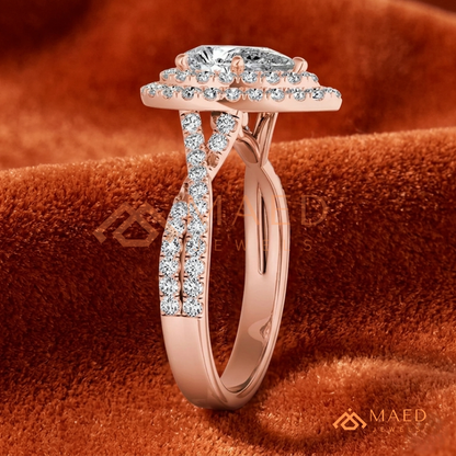 Pear Cut Halo Engagement Ring with Twisted Pavé Band – Sterling Silver, 14K Gold, or 14K Rose Gold