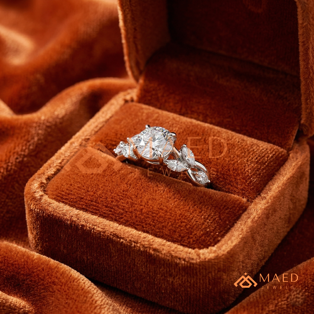 Nature Inspired Round Cut Moissanite Engagement Ring, Marquise Diamond Vine Leaf Wedding Ring in Silver, 14K Gold & Rose Gold