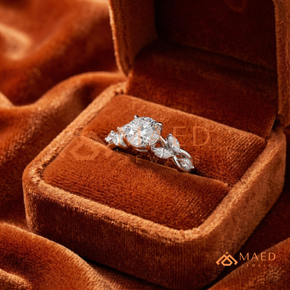 Nature Inspired Round Cut Moissanite Engagement Ring, Marquise Diamond Vine Leaf Wedding Ring in Silver, 14K Gold & Rose Gold