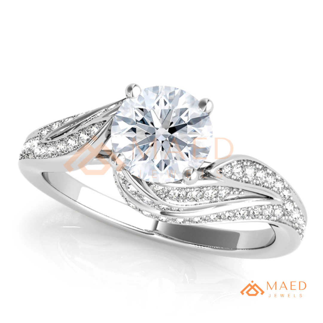 Vintage Bypass Round Cut Engagement Ring with Swirl Pavé Band