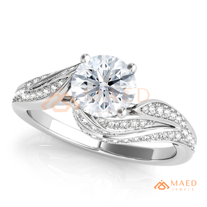 Vintage Bypass Round Cut Engagement Ring with Swirl Pavé Band
