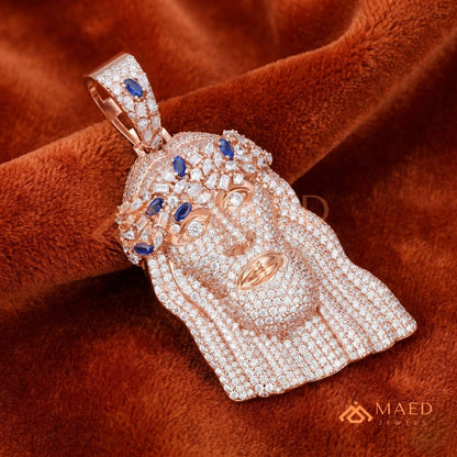 Iced Out Jesus Head Piece with Blue Sapphires | Silver, 14K Yellow & Rose Gold