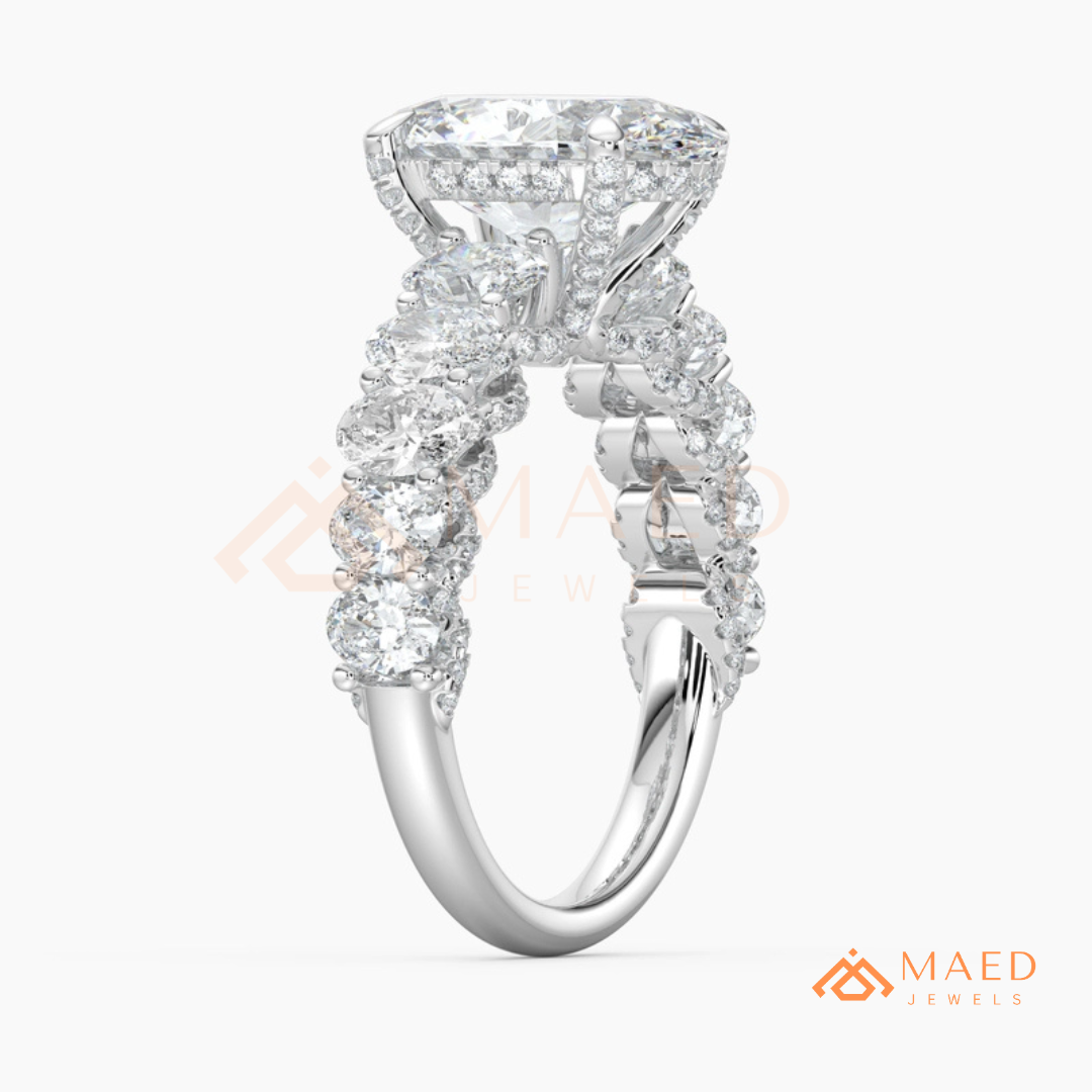 Elongated Oval Cut Engagement Ring with Oval Accent Band | 14k Gold, Rose Gold & Silver