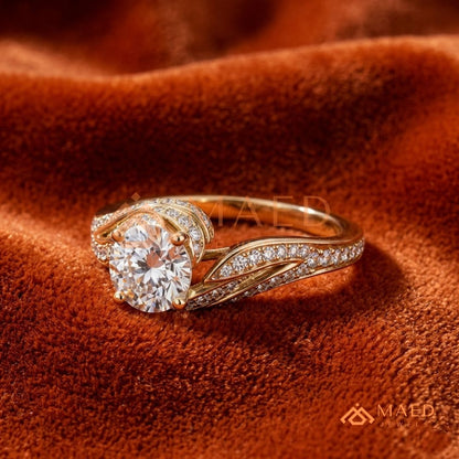 Vintage Bypass Round Cut Engagement Ring with Swirl Pavé Band