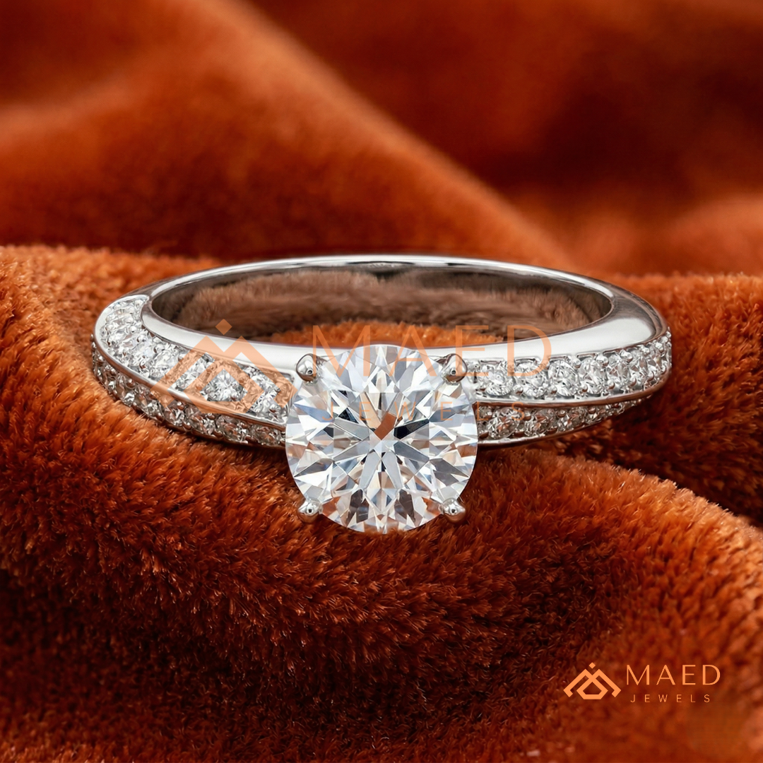 Round Brilliant Cut Ring with Double Row Pavé Band | 14k Gold, Rose Gold & Silver