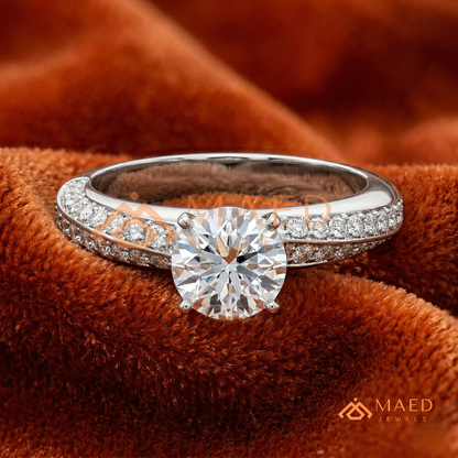 Round Brilliant Cut Ring with Double Row Pavé Band | 14k Gold, Rose Gold & Silver