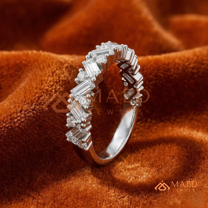 Angled Baguette & Round Cut Chevron Wedding Band | Crown Moissanite Tiara Ring in Silver, 14K Gold, & Rose Gold