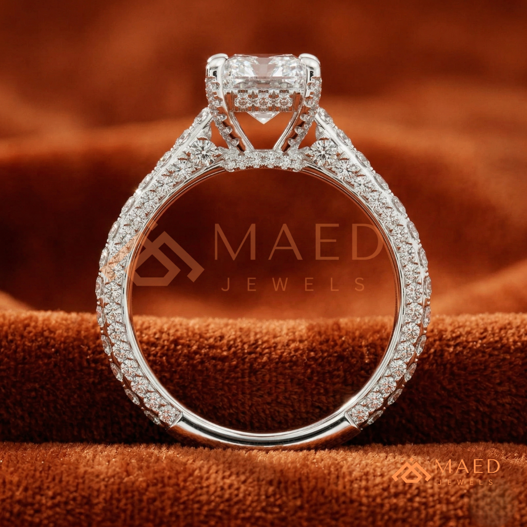 Radiant Cut Engagement Ring with Three-Row Pavé Band | 14k Gold, Rose Gold & Silver