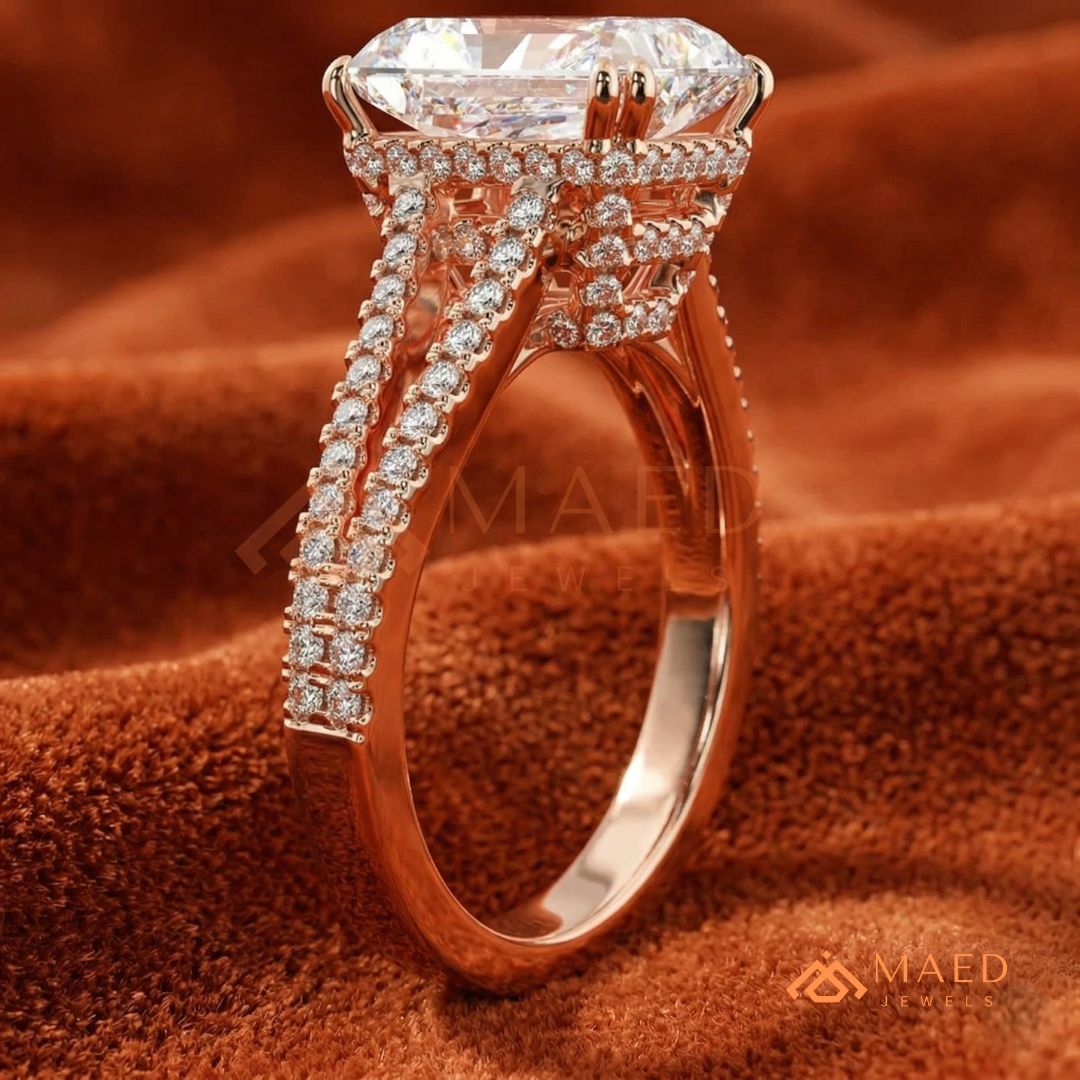 Radiant Cut Engagement Ring with Split Shank Pavé Band in Silver, 14K Gold, & 14K Rose Gold