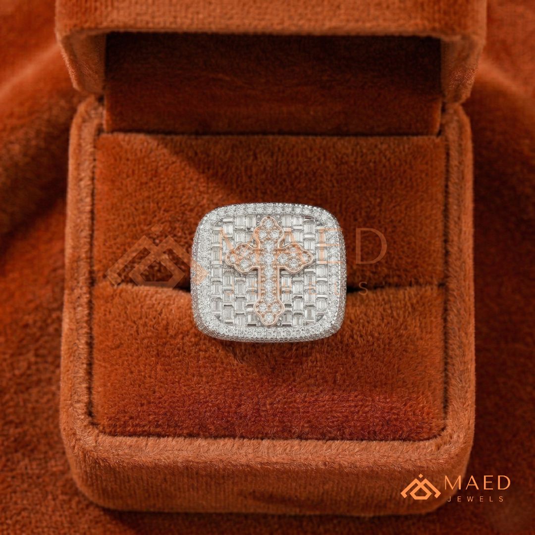 Heavy Square Iced Baguette Cross Ring – 925 Silver, 14K Gold & Rose Gold