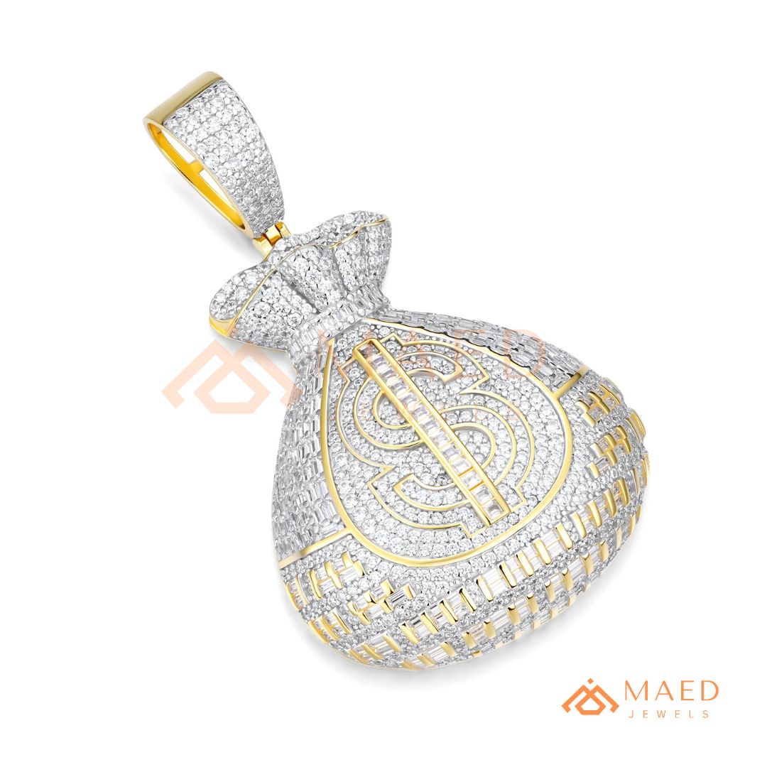Fully Iced Out Money Bag Pendant – Baguette & Micro Pave Hip Hop Necklace