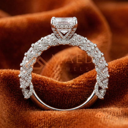 Emerald Cut Engagement Ring with Large Round Accent Band in Silver, 14K Gold, & 14K Rose Gold