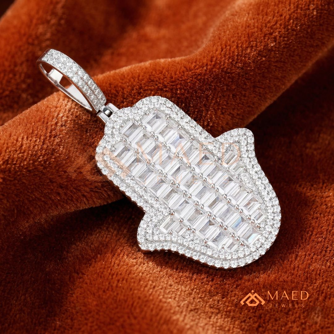 Iced Out Emerald Cut Hamsa Pendant | Sterling Silver, 14K Gold & Rose Gold