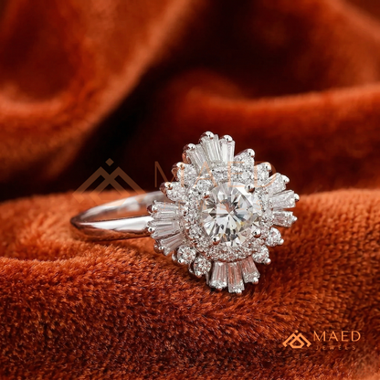 Vintage Art Deco Starburst Halo Ring in Sterling Silver, 14k Gold, or 14k Rose Gold