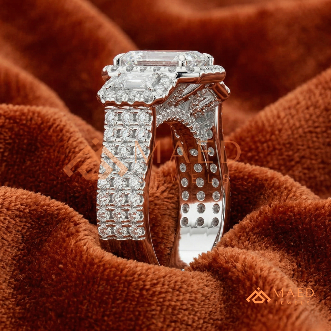Three-Stone Emerald Cut Halo Engagement Ring | Triple Row Pave Band in 14K Gold & Silver