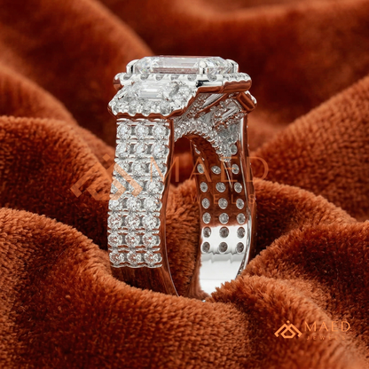 Three-Stone Emerald Cut Halo Engagement Ring | Triple Row Pave Band in 14K Gold & Silver