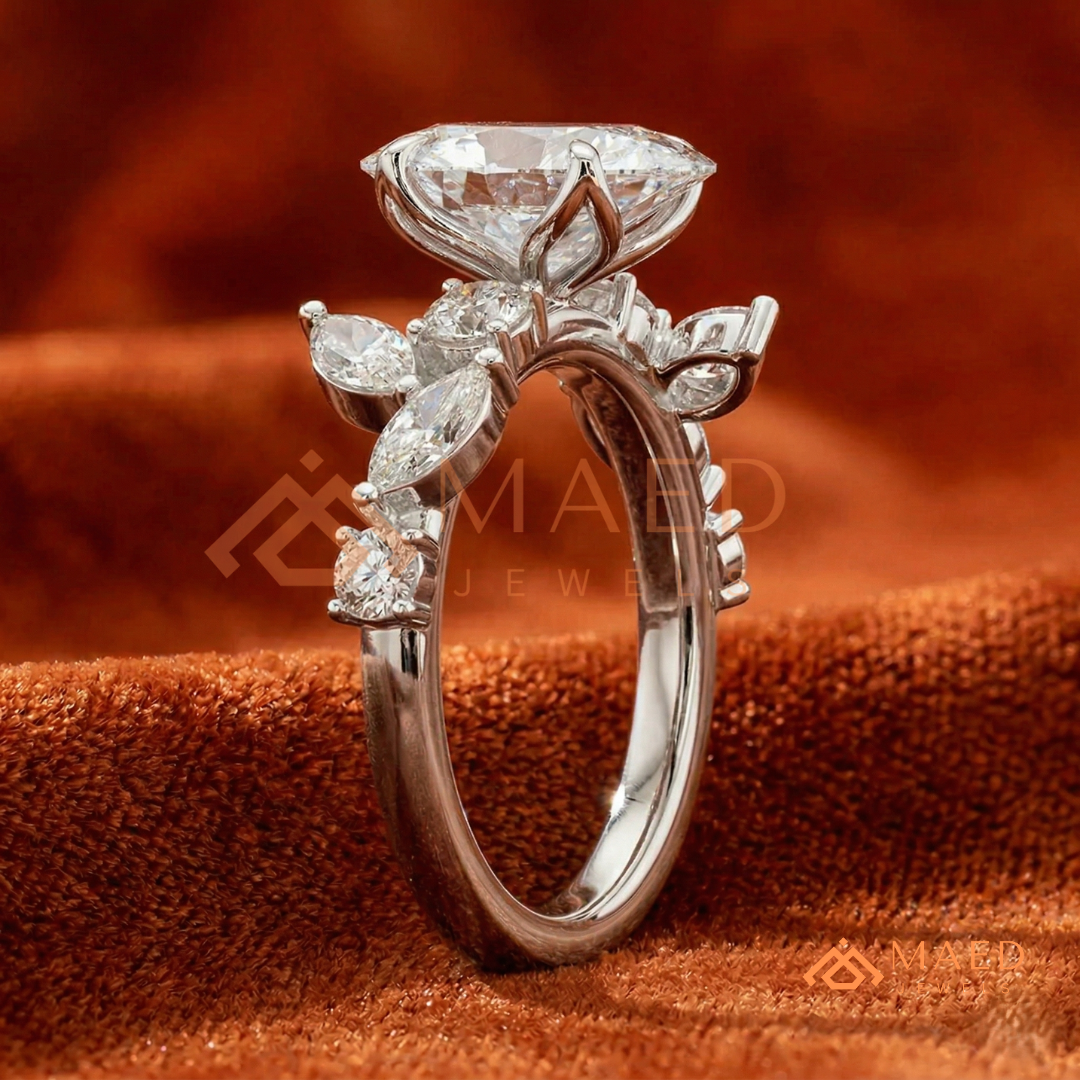 Asymmetric Oval Cut Cluster Engagement Ring | Marquise Leaf Vine Band